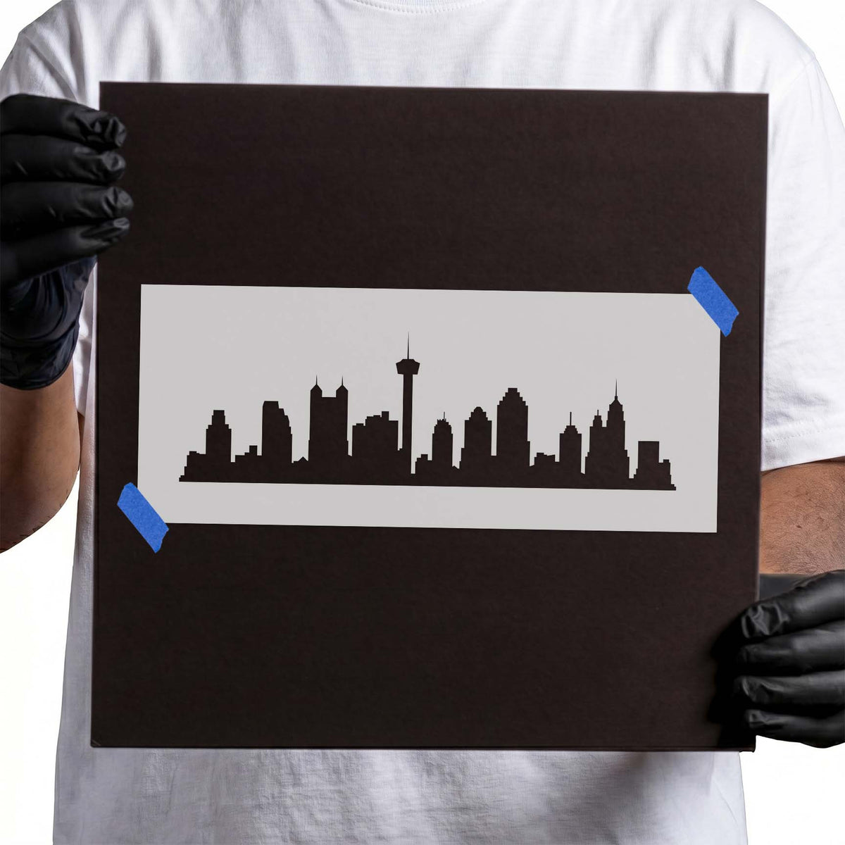 San Antonio skyline stencil with central tower and city buildings