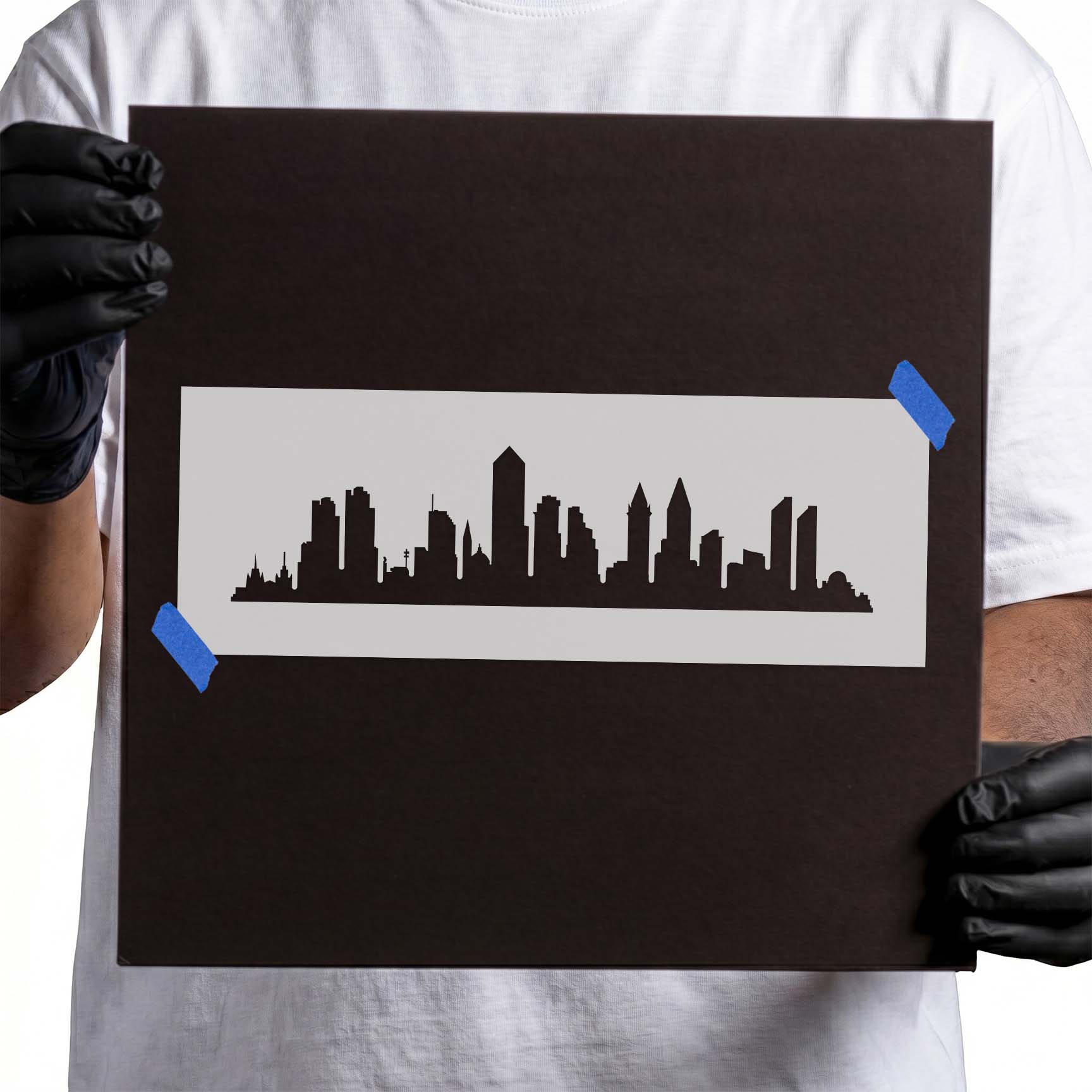 San Diego skyline stencil with varied towers and city buildings