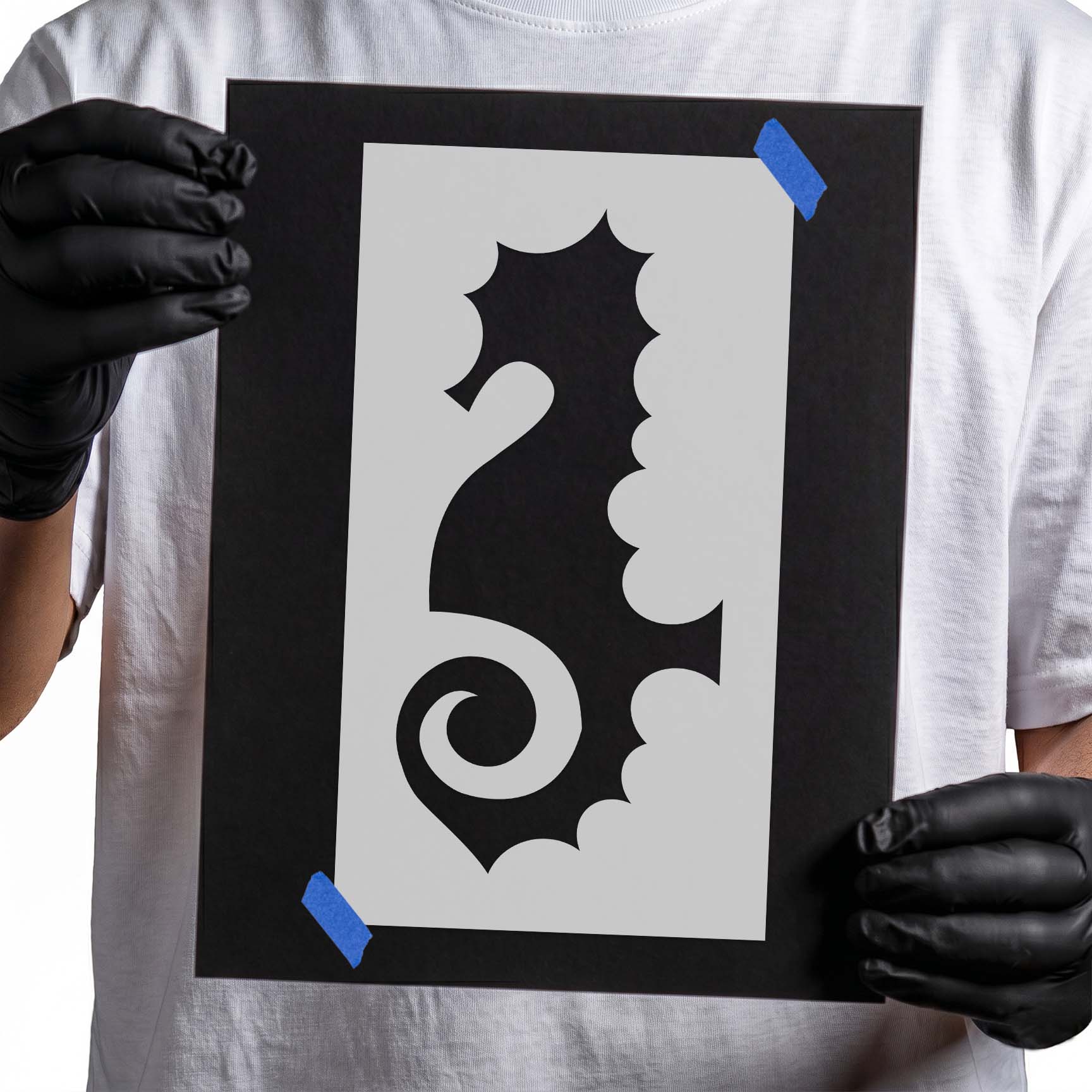 Seahorse stencil with curled tail and distinctive ridged silhouette