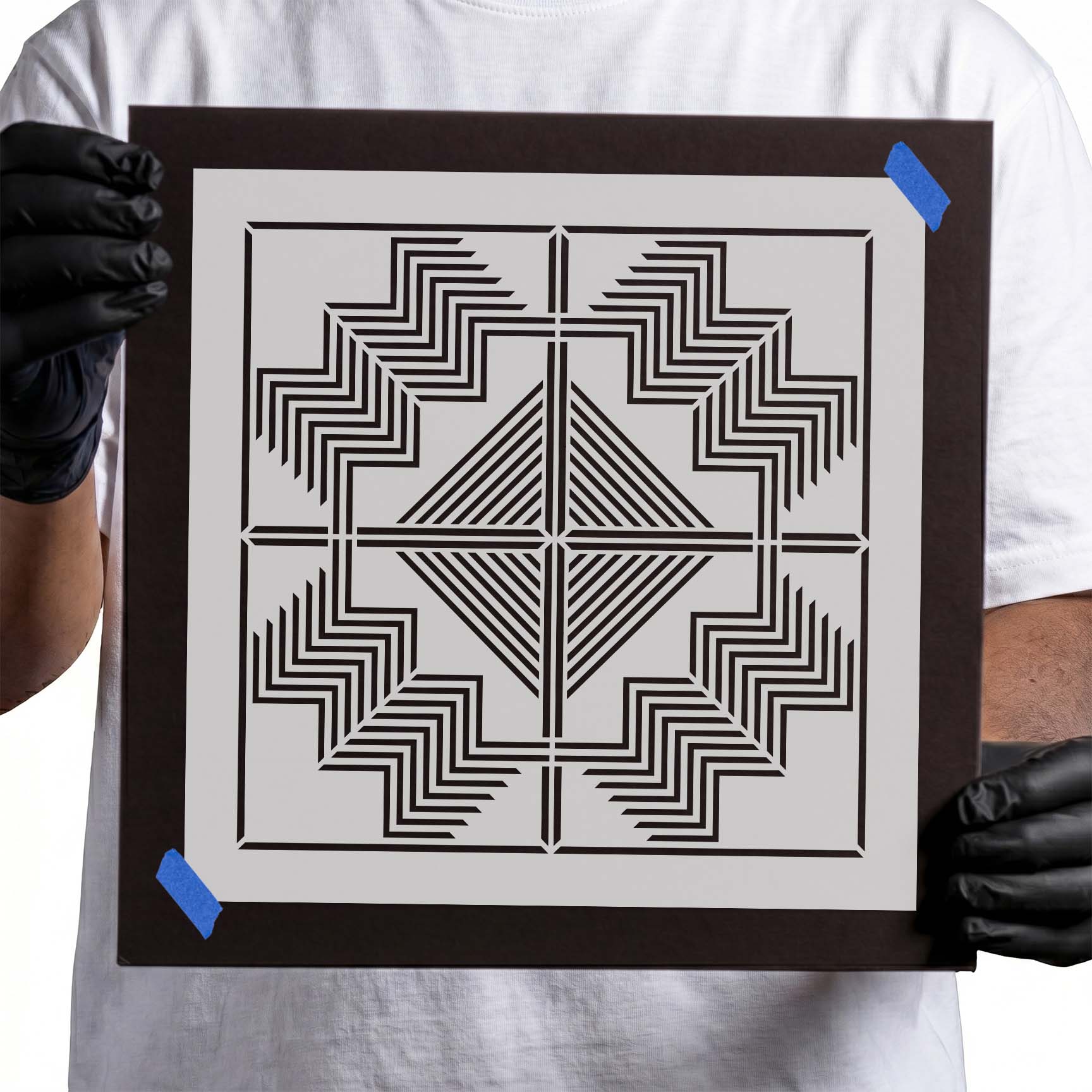 Geometric stencil with sharp stepped lines and layered diamond center