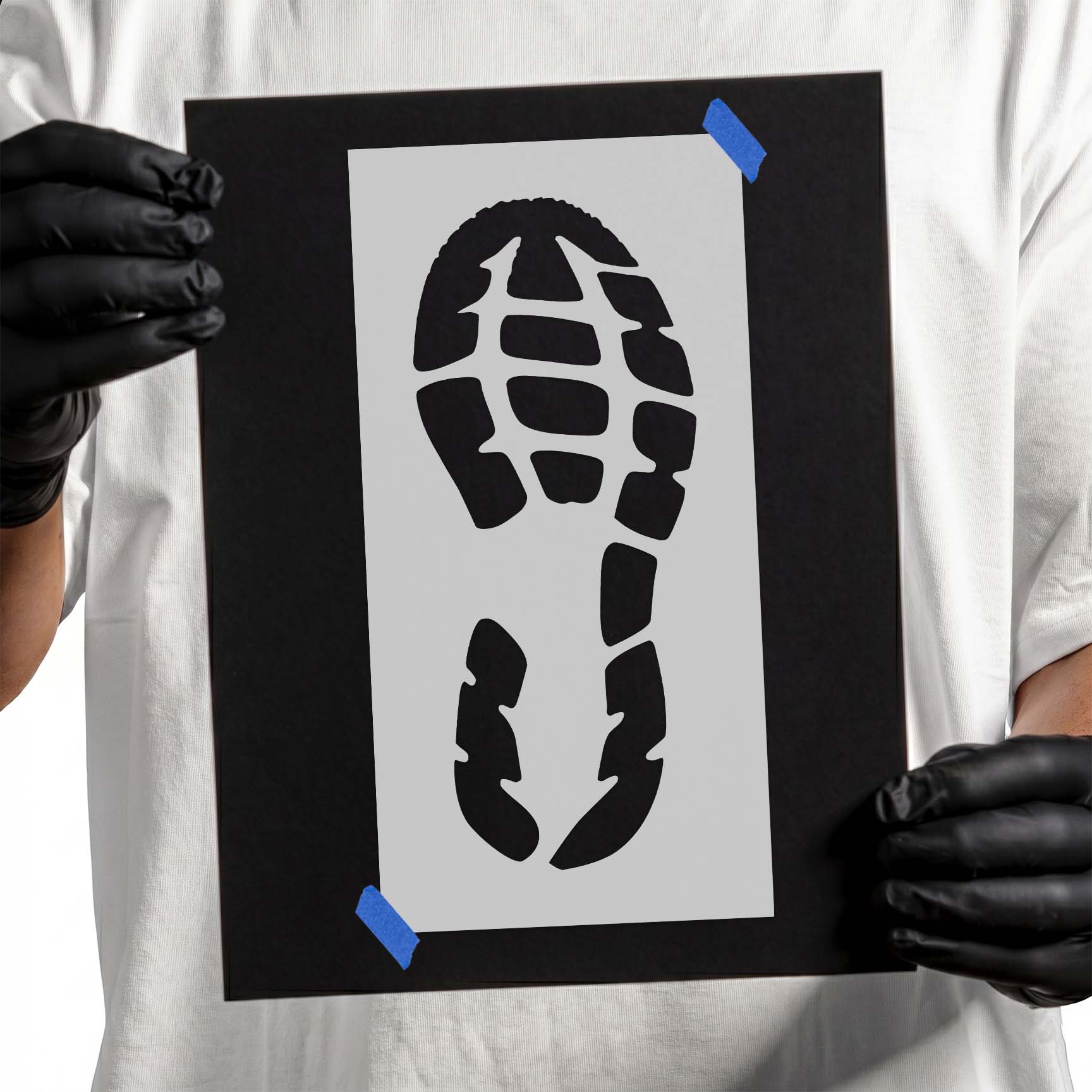 Shoe print stencil with bold segmented sole and tread pattern