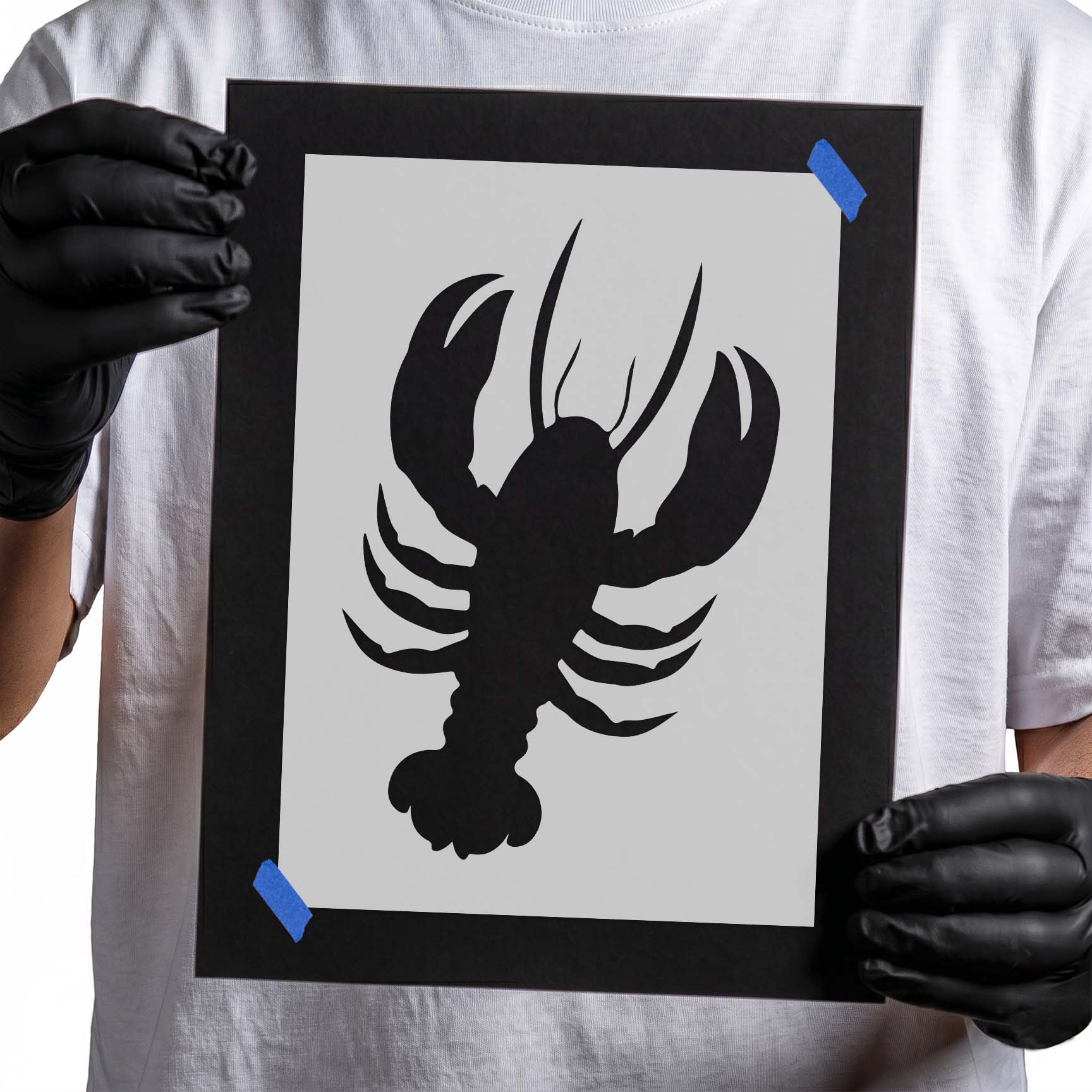 Simple lobster stencil with oversized claws, sweeping antennae, and curved legs