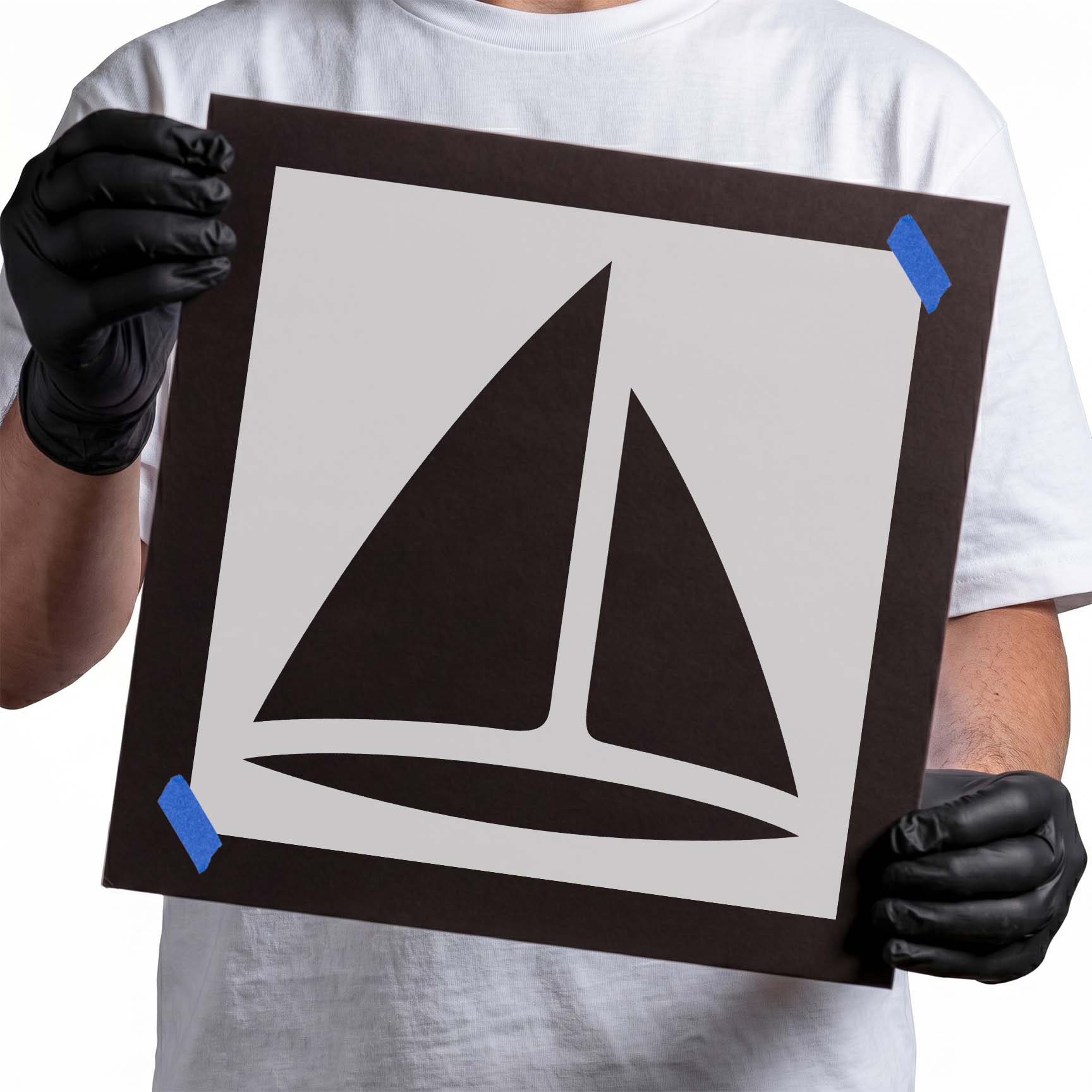 Sailboat stencil with two pointed sails and curved hull