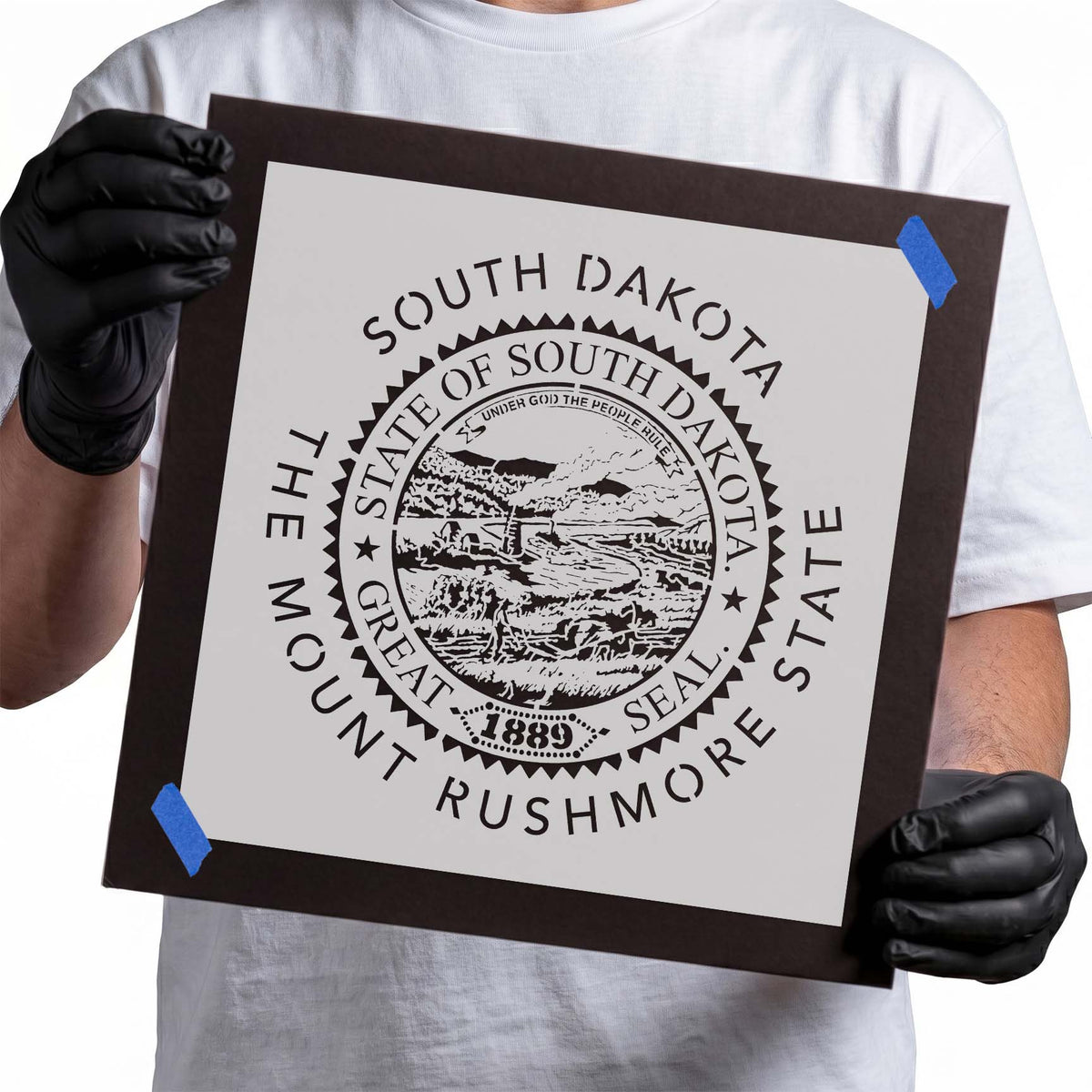 South Dakota state seal stencil with landscape and 1889 details