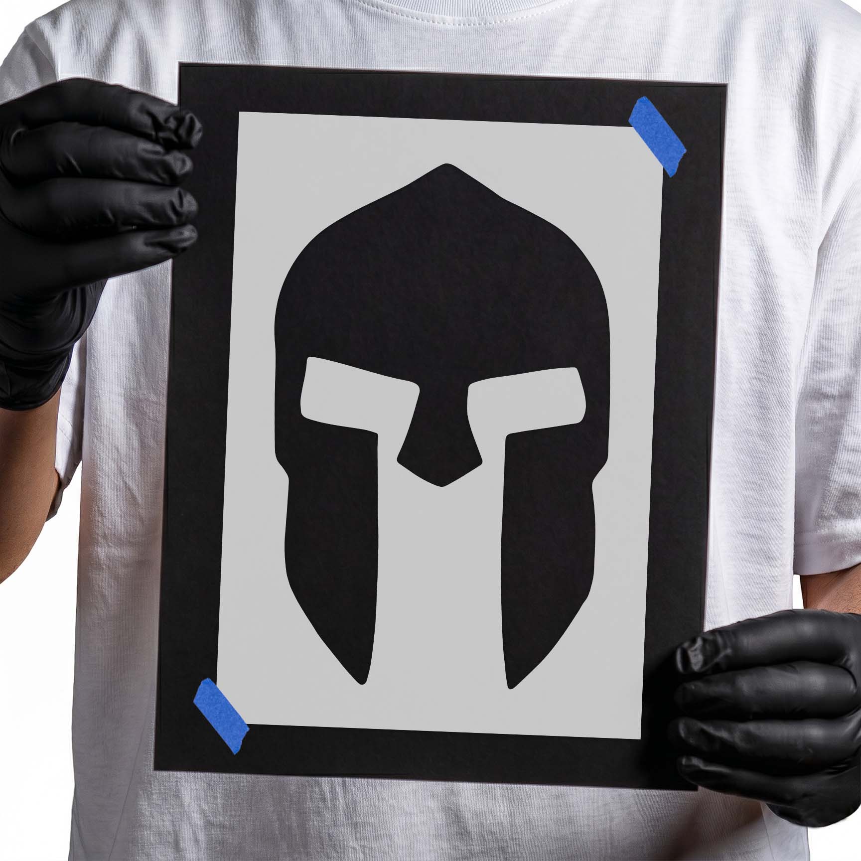 Spartan helmet stencil with bold front-facing warrior silhouette