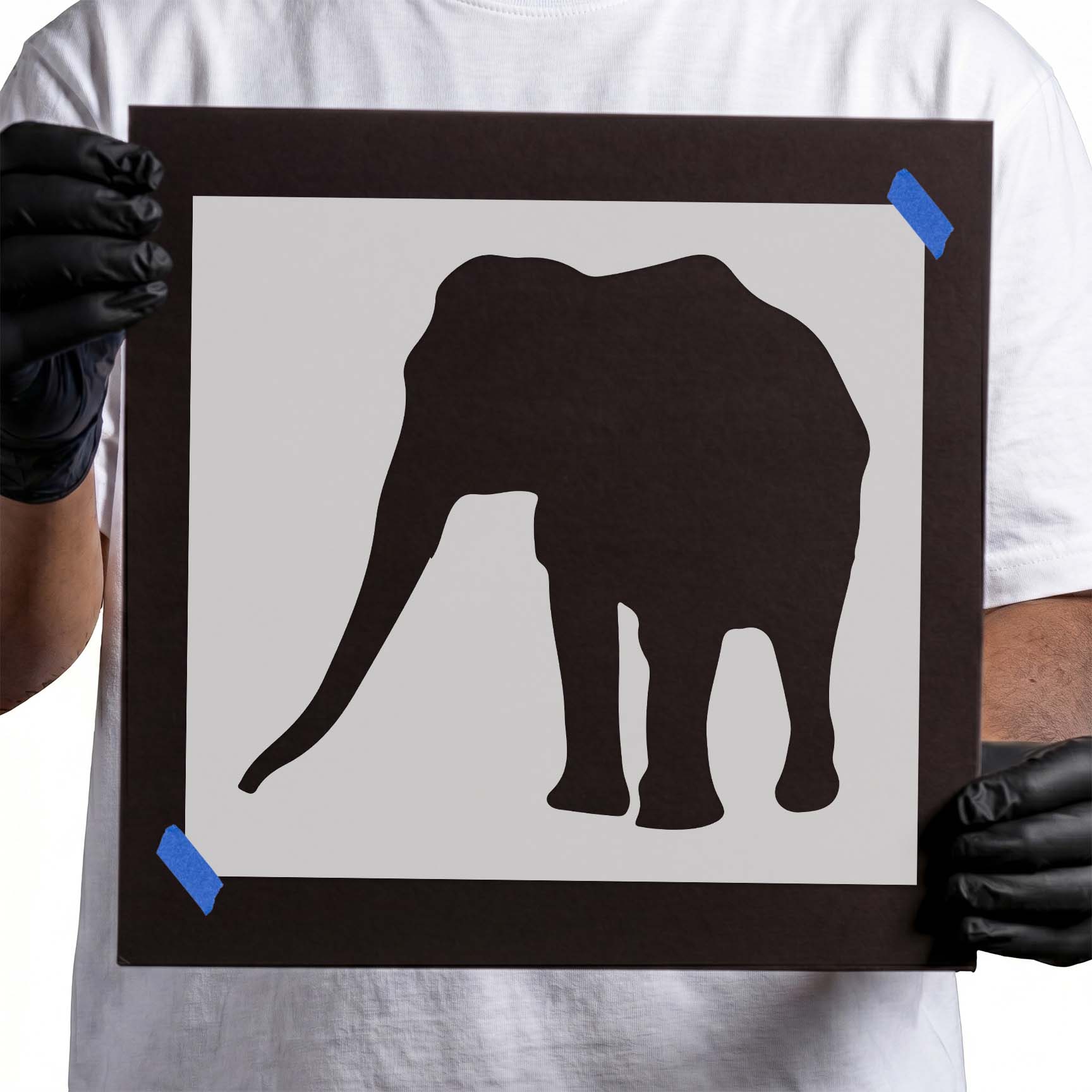 Standing elephant stencil with long lowered trunk silhouette