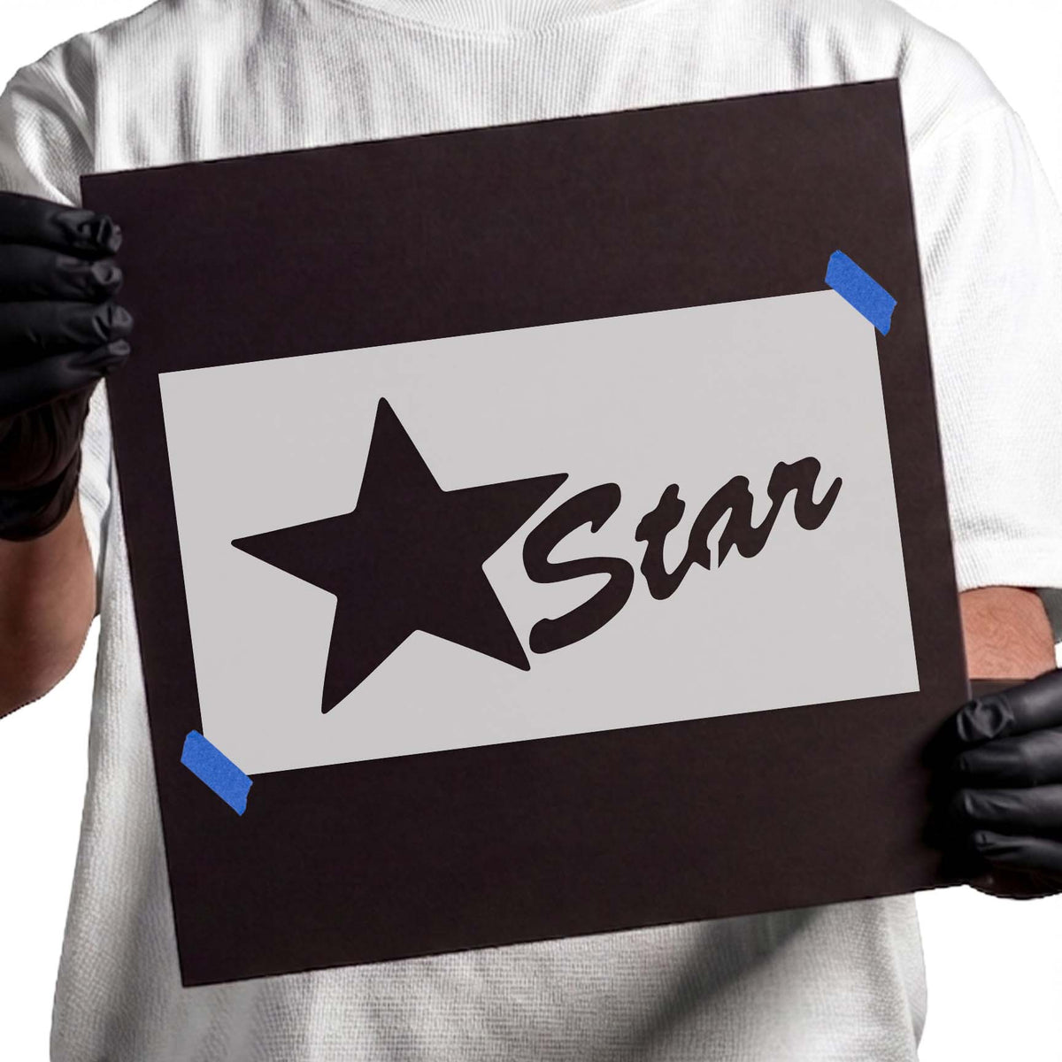Five point star stencil with flowing script lettering