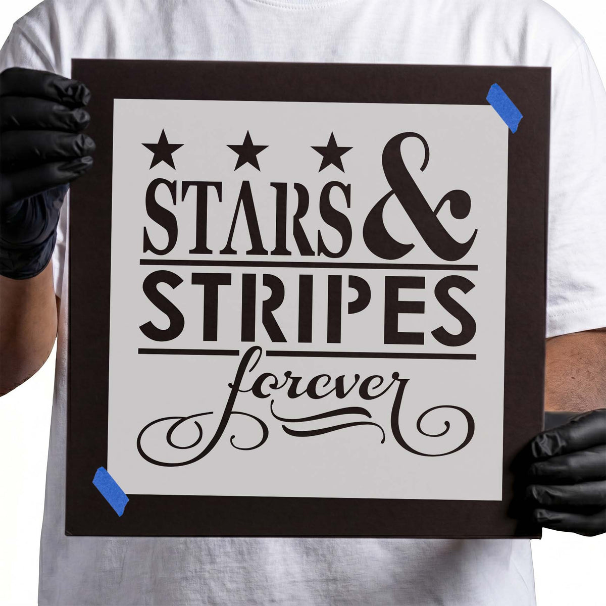 Patriotic stencil with Stars and Stripes lettering, stars, and script