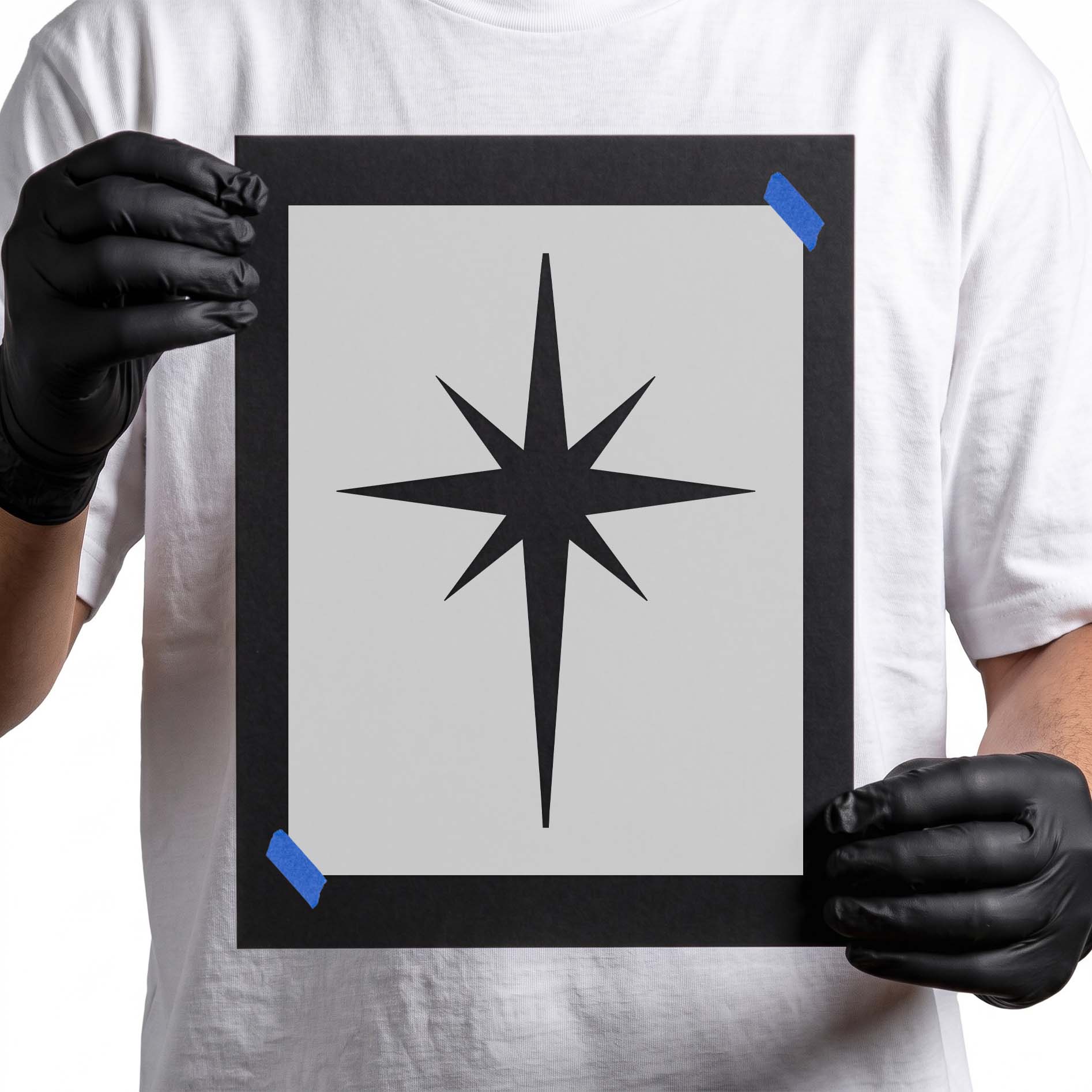 Eight-point starburst stencil with elongated geometric rays