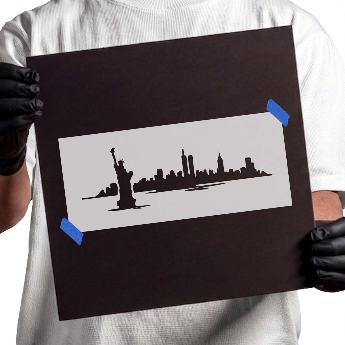 Statue of Liberty stencil with New York City skyline silhouette