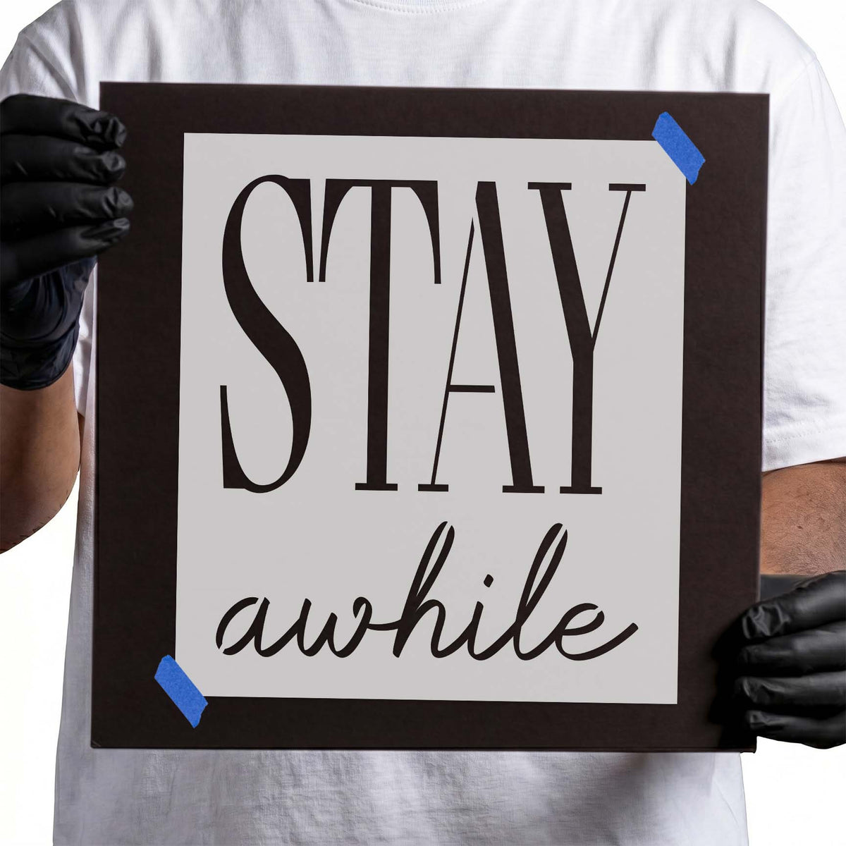 Stay awhile stencil lettering with tall serif text and flowing script