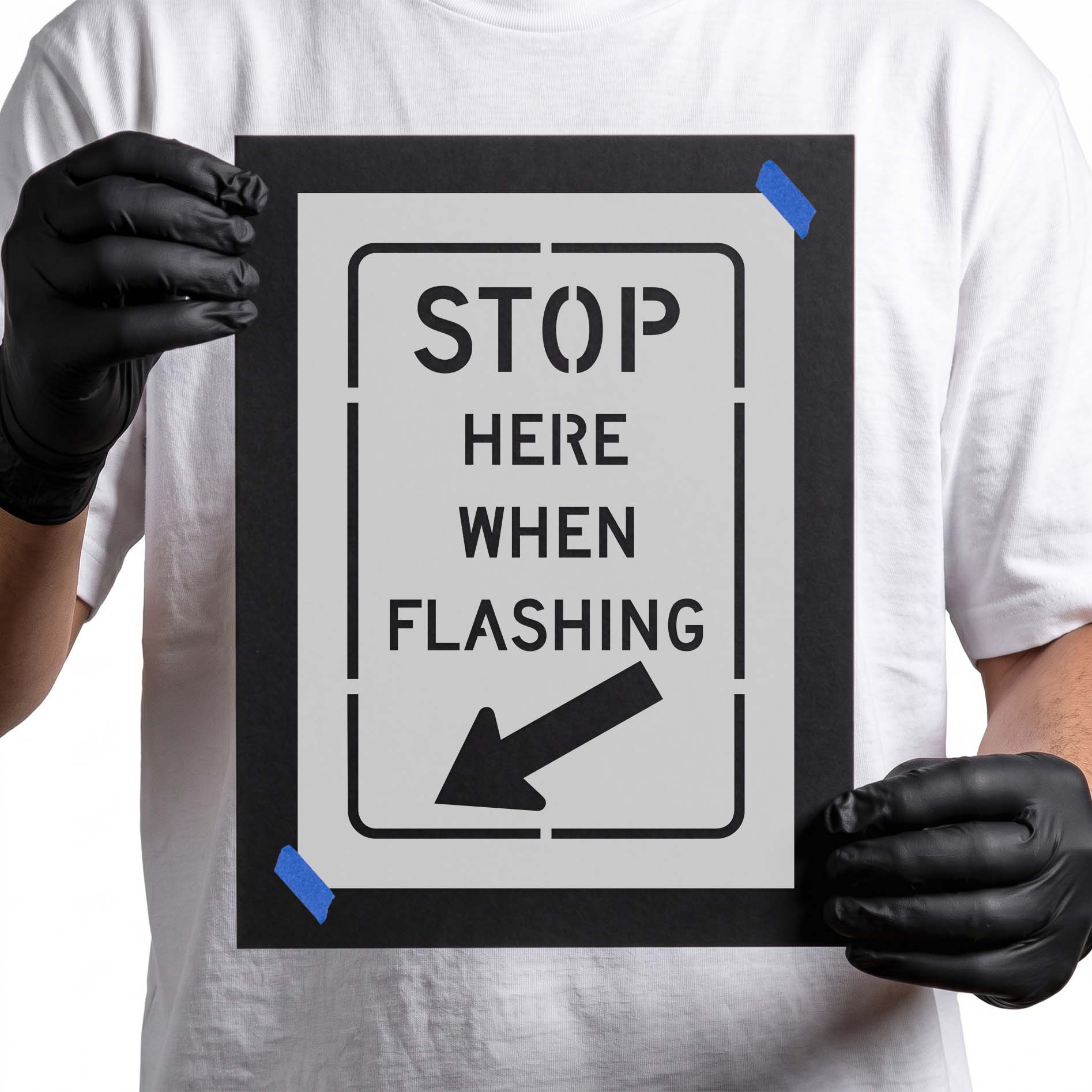 Stop here when flashing stencil with bold lettering and directional arrow