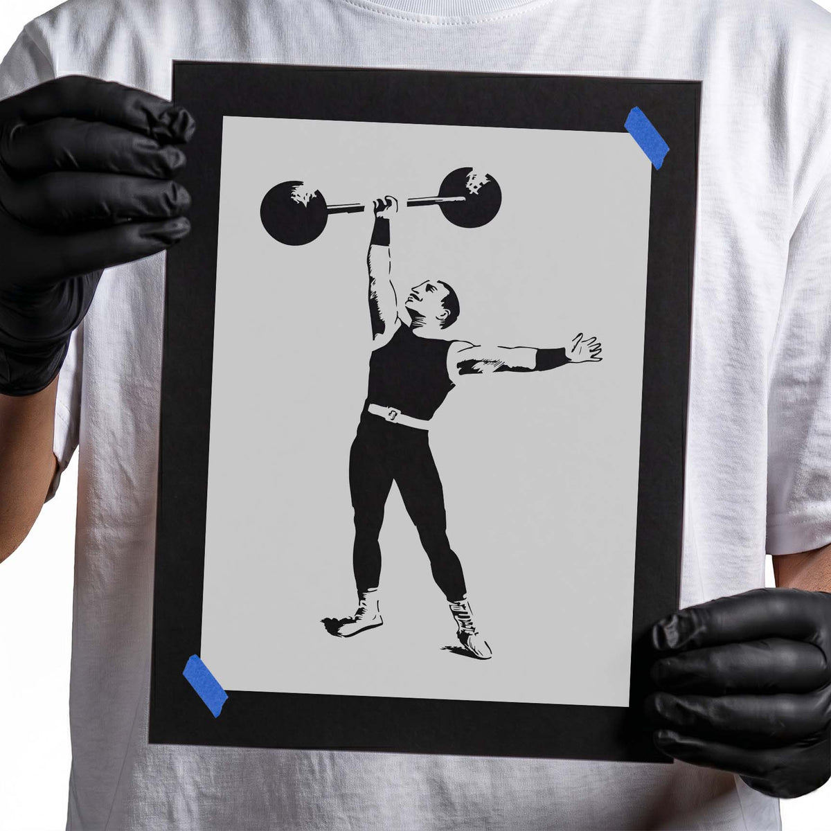 Strongman stencil performing a one-arm overhead barbell lift