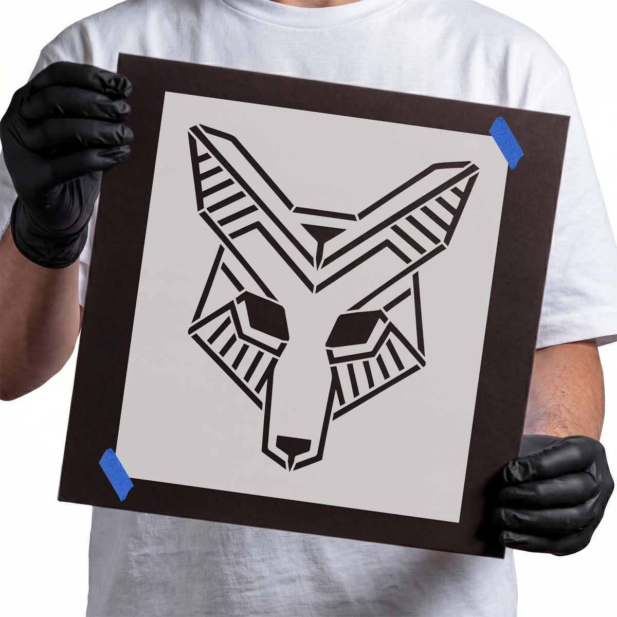 Geometric fox stencil with angular face and pointed ears