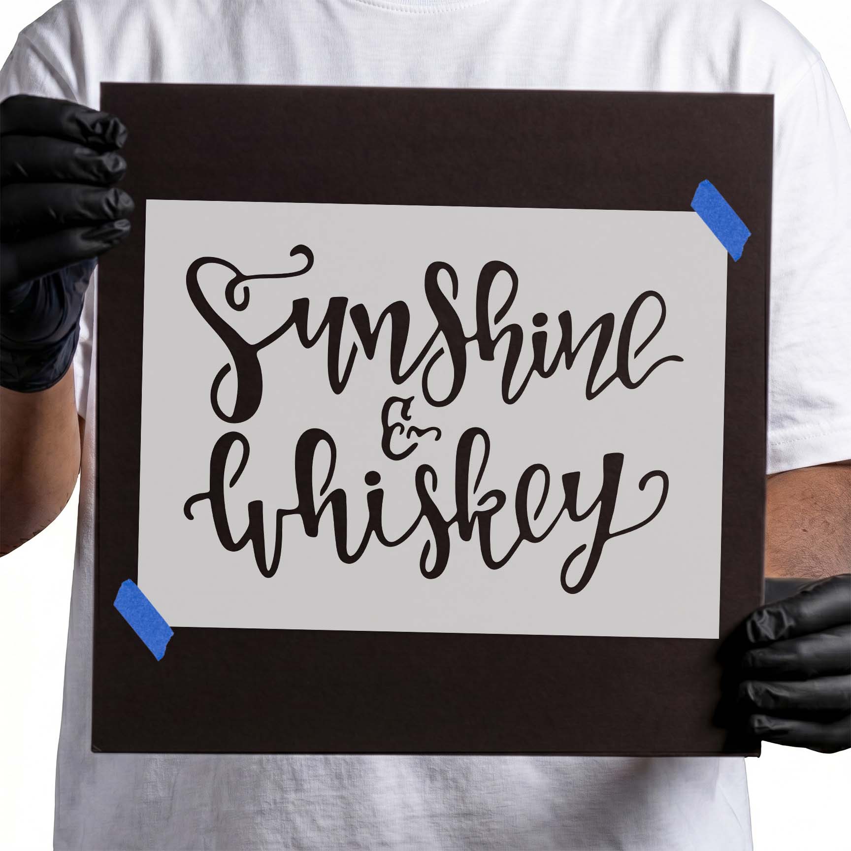 Sunshine and whiskey stencil with flowing script lettering and ampersand