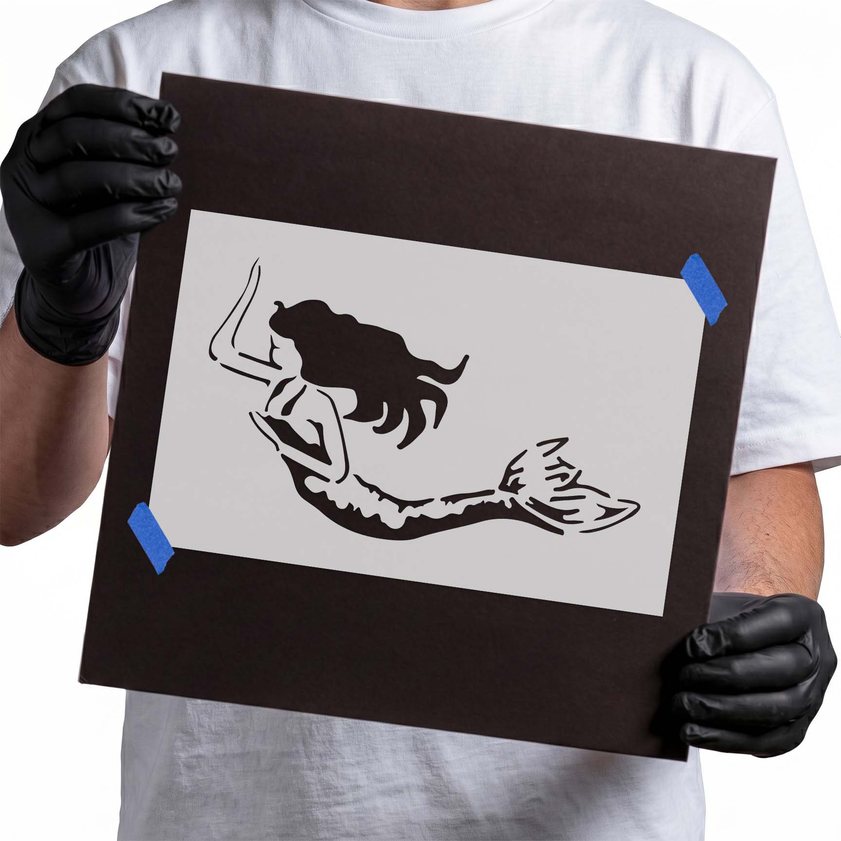 Swimming mermaid stencil with flowing hair and curved fishtail