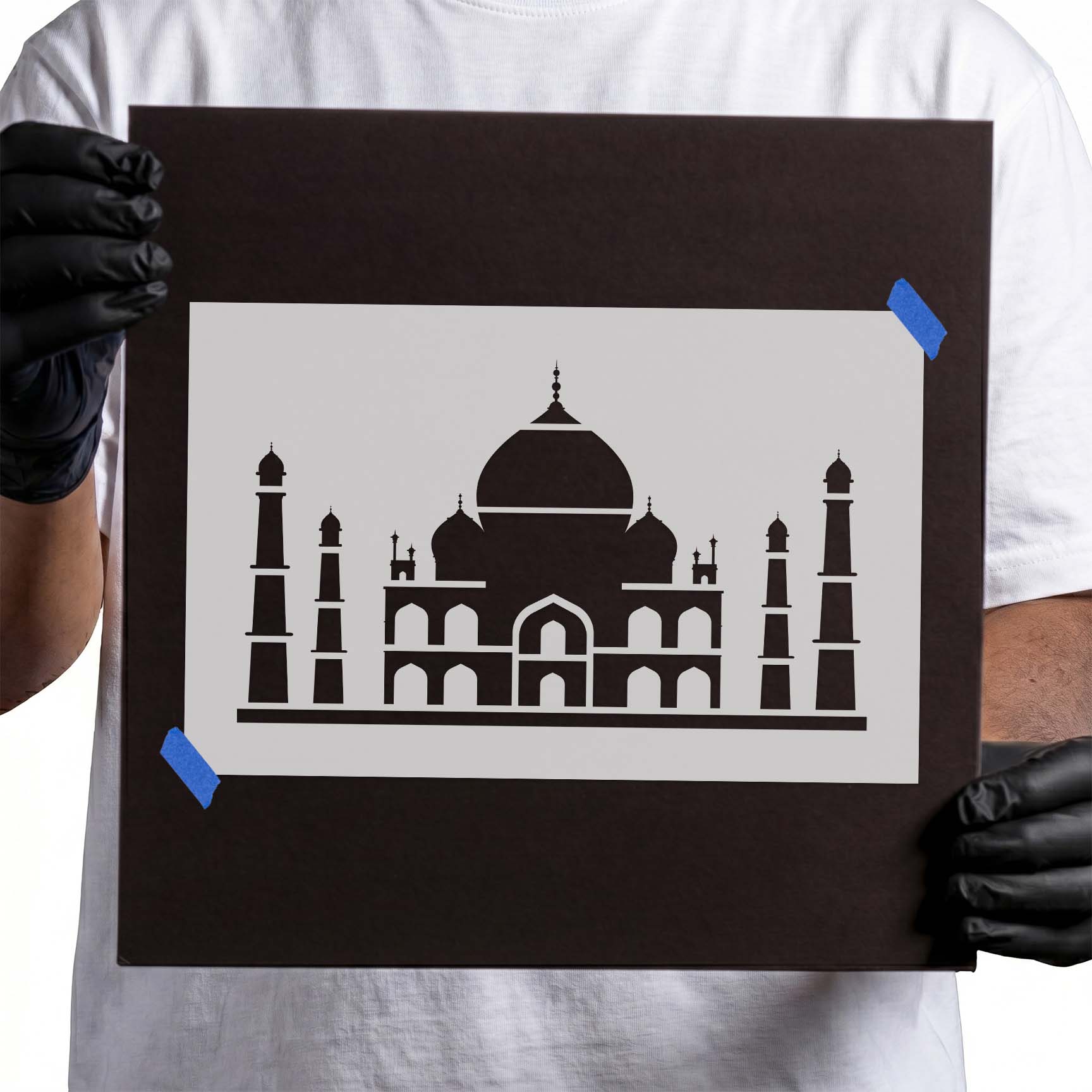 Taj Mahal stencil featuring domes arches and tall minarets