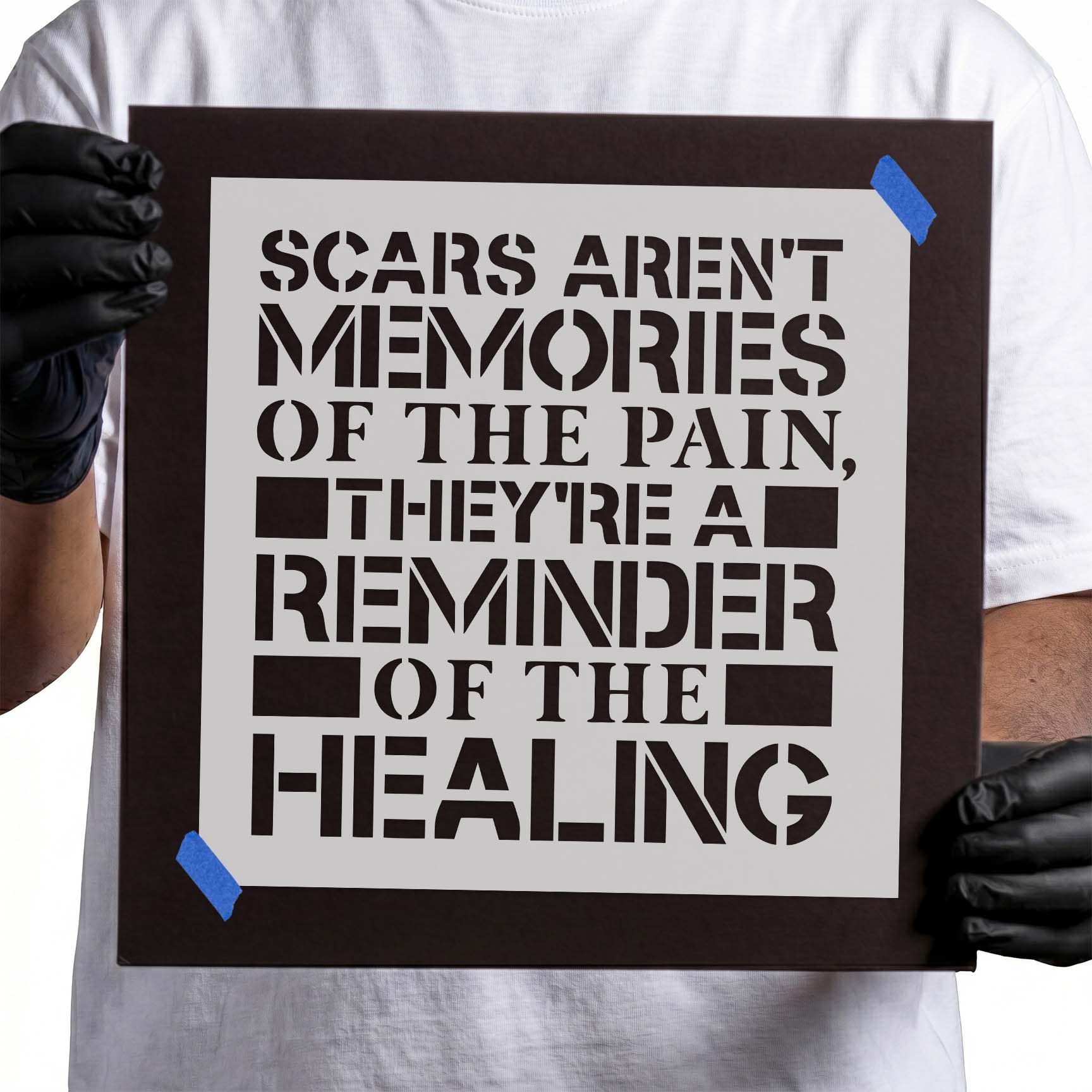 Scars and healing quote stencil in bold mixed typography