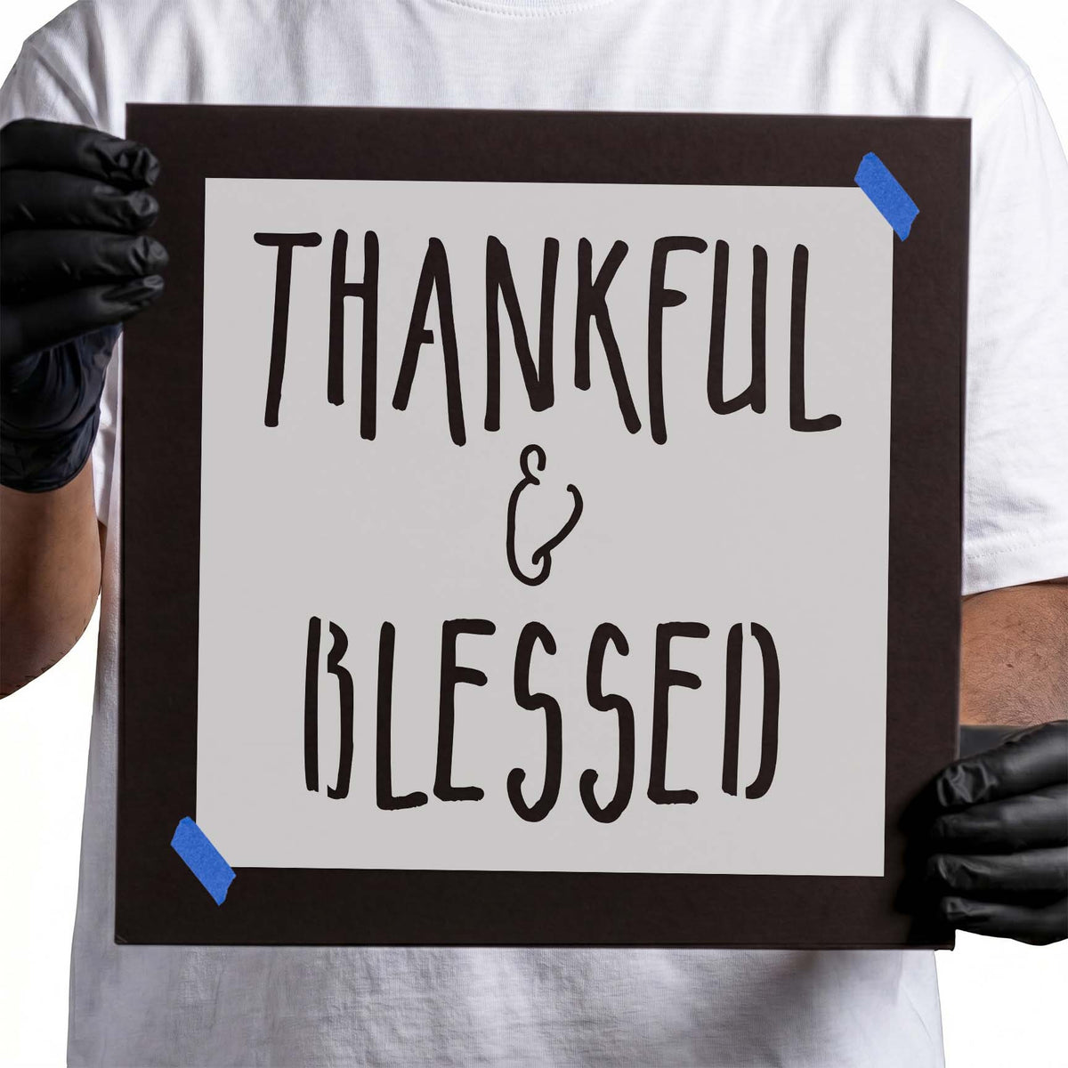 Thankful and Blessed stencil with tall lettering and decorative ampersand