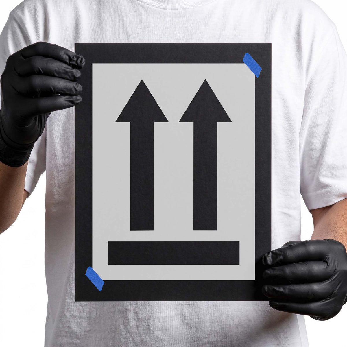 This side up stencil with two bold upward arrows and base line