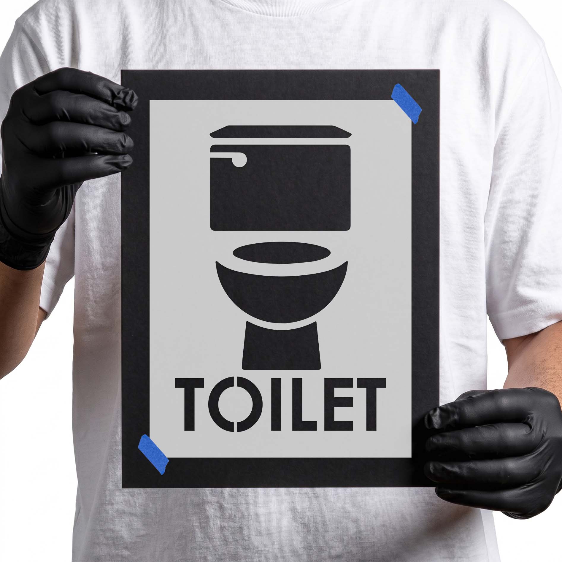 Toilet stencil with bold toilet symbol and uppercase lettering