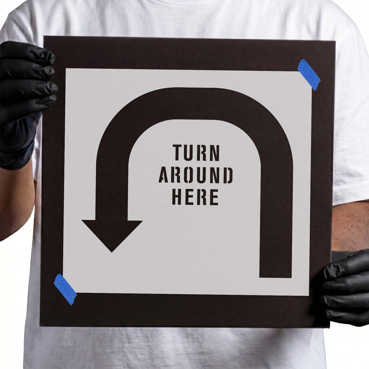 Turn Around Here Stencil with a large U-turn arrow and centered directional text