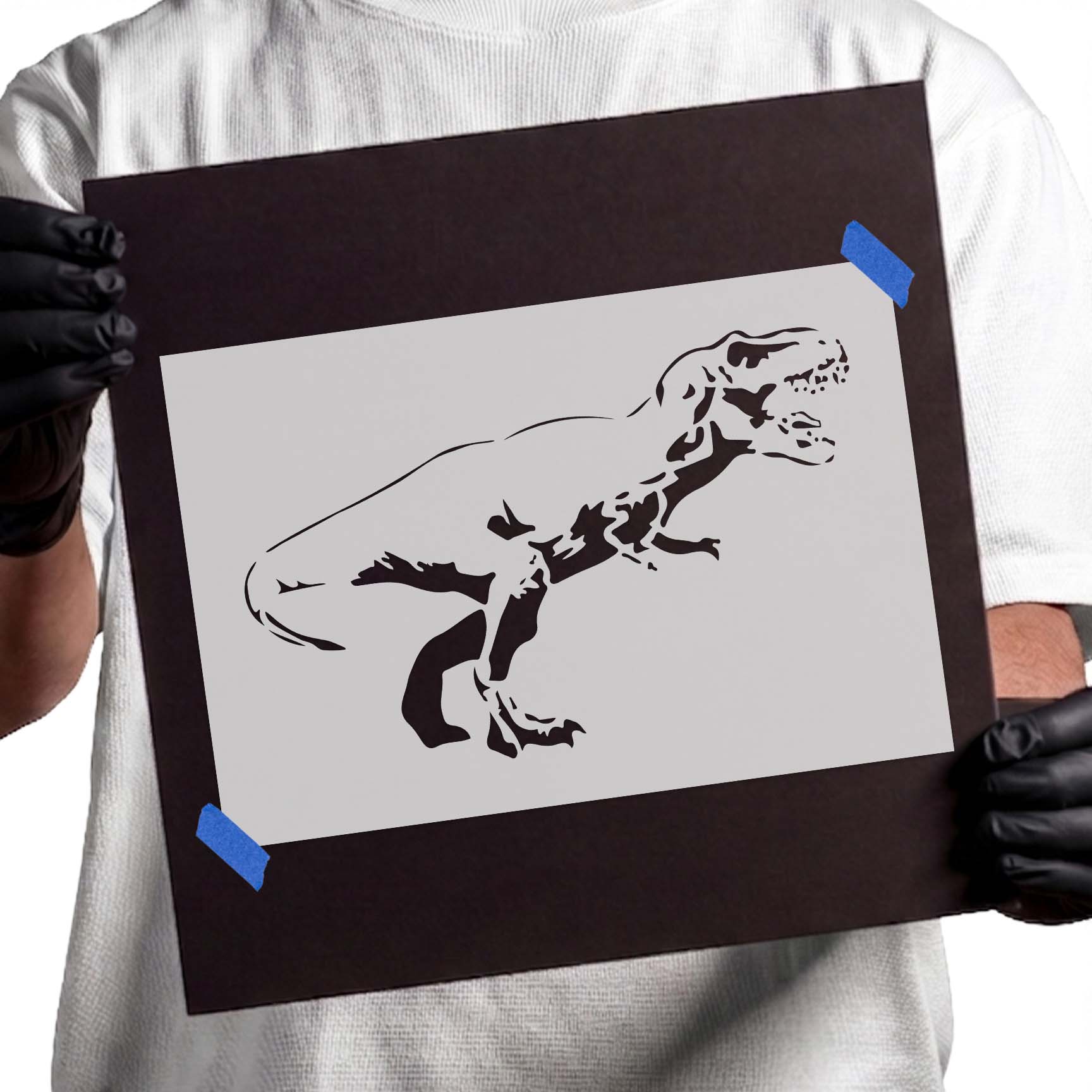 Tyrannosaurus rex stencil with open jaws and long tail
