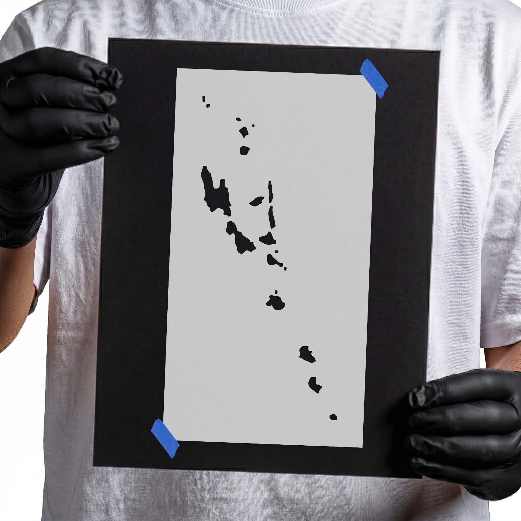 Vanuatu map stencil with scattered South Pacific island silhouettes