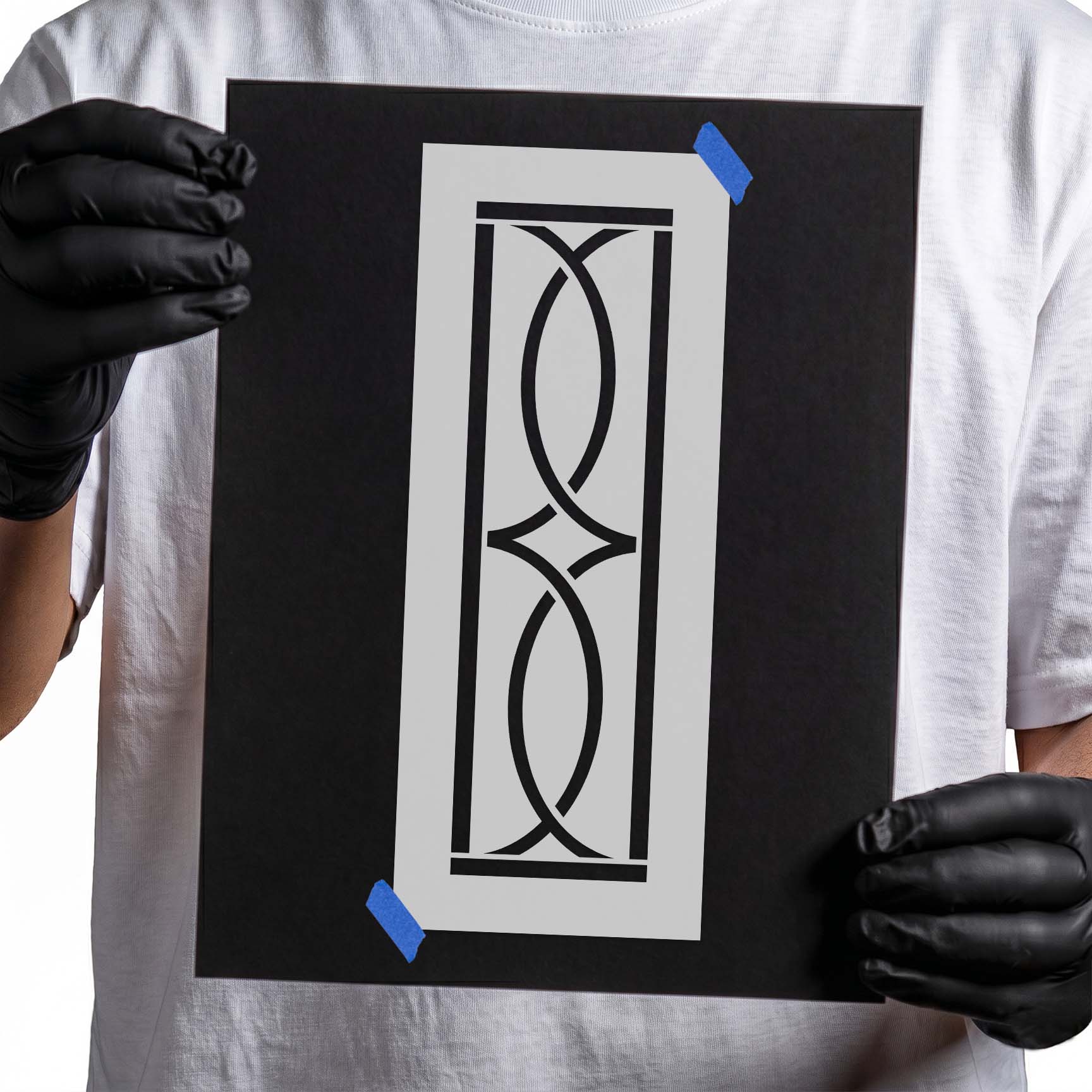 Vertical cabinet stencil with mirrored curves and geometric border