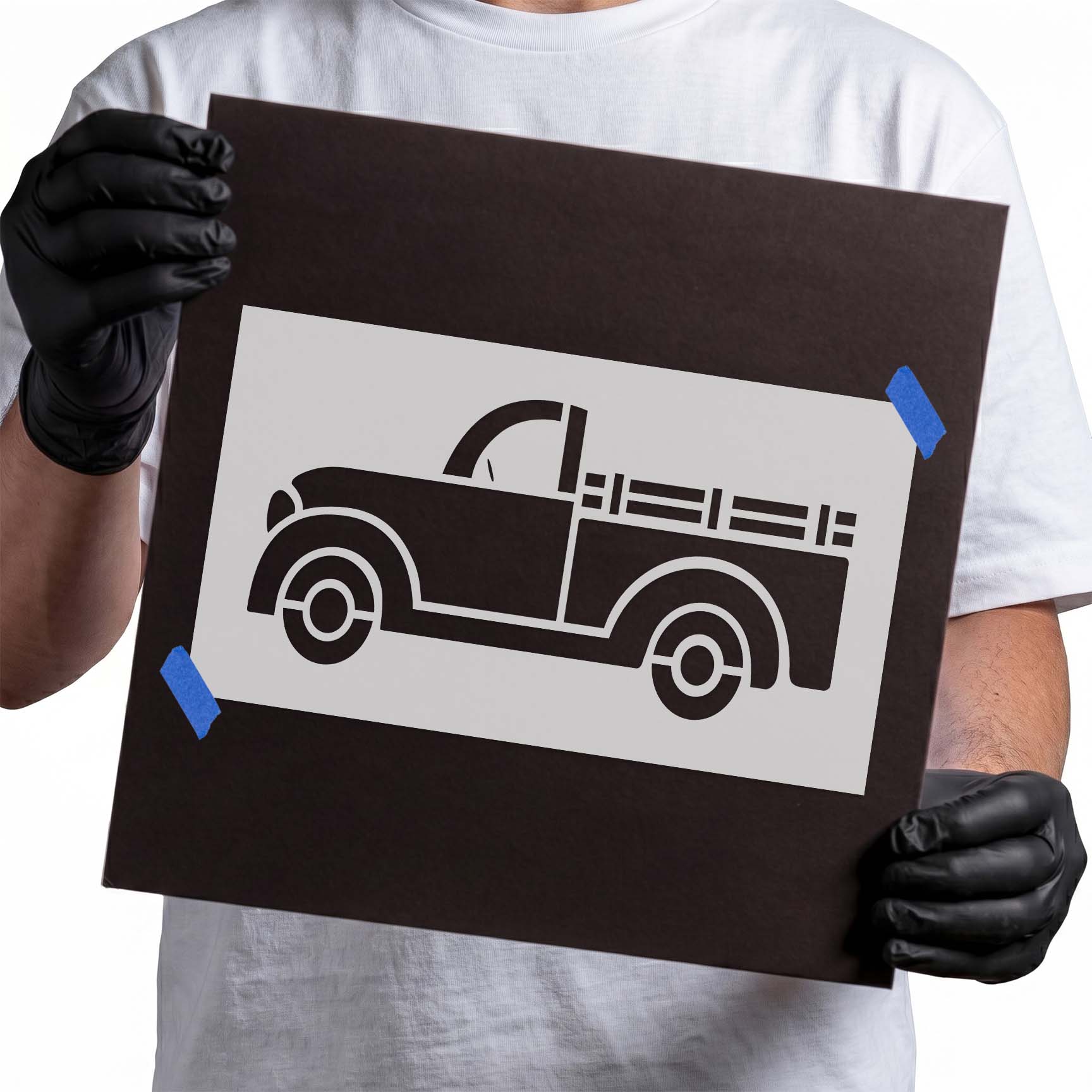 Vintage pickup truck stencil with open bed and rounded fenders
