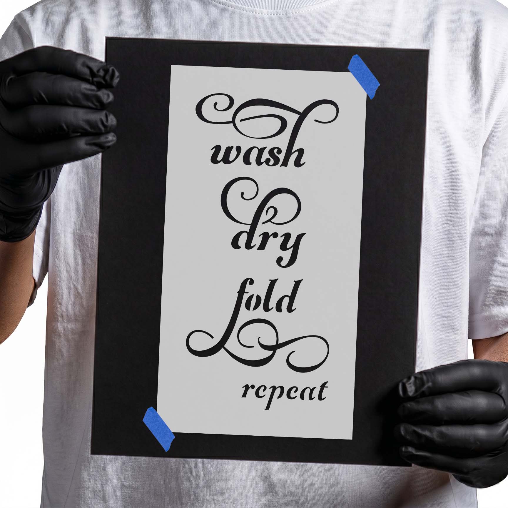 Laundry stencil with Wash Dry Fold Repeat decorative script lettering