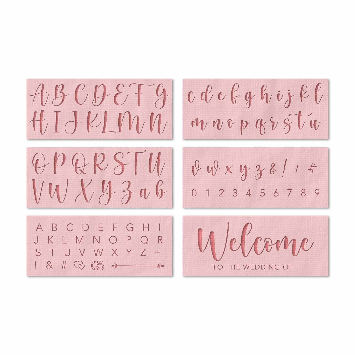 Wedding stencils set with alphabet, numbers, symbols, welcome sign