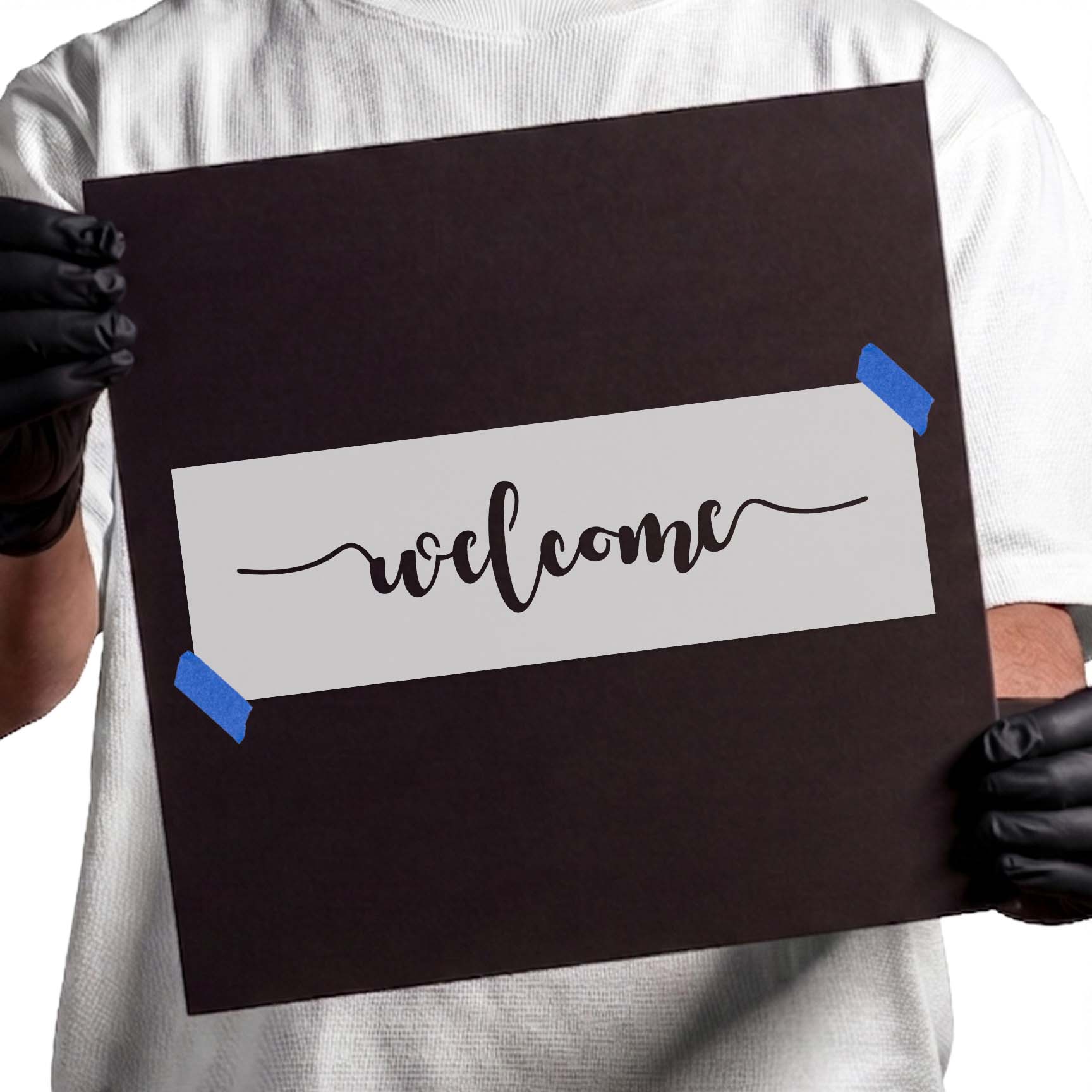Welcome stencil with flowing cursive lettering and extended flourishes