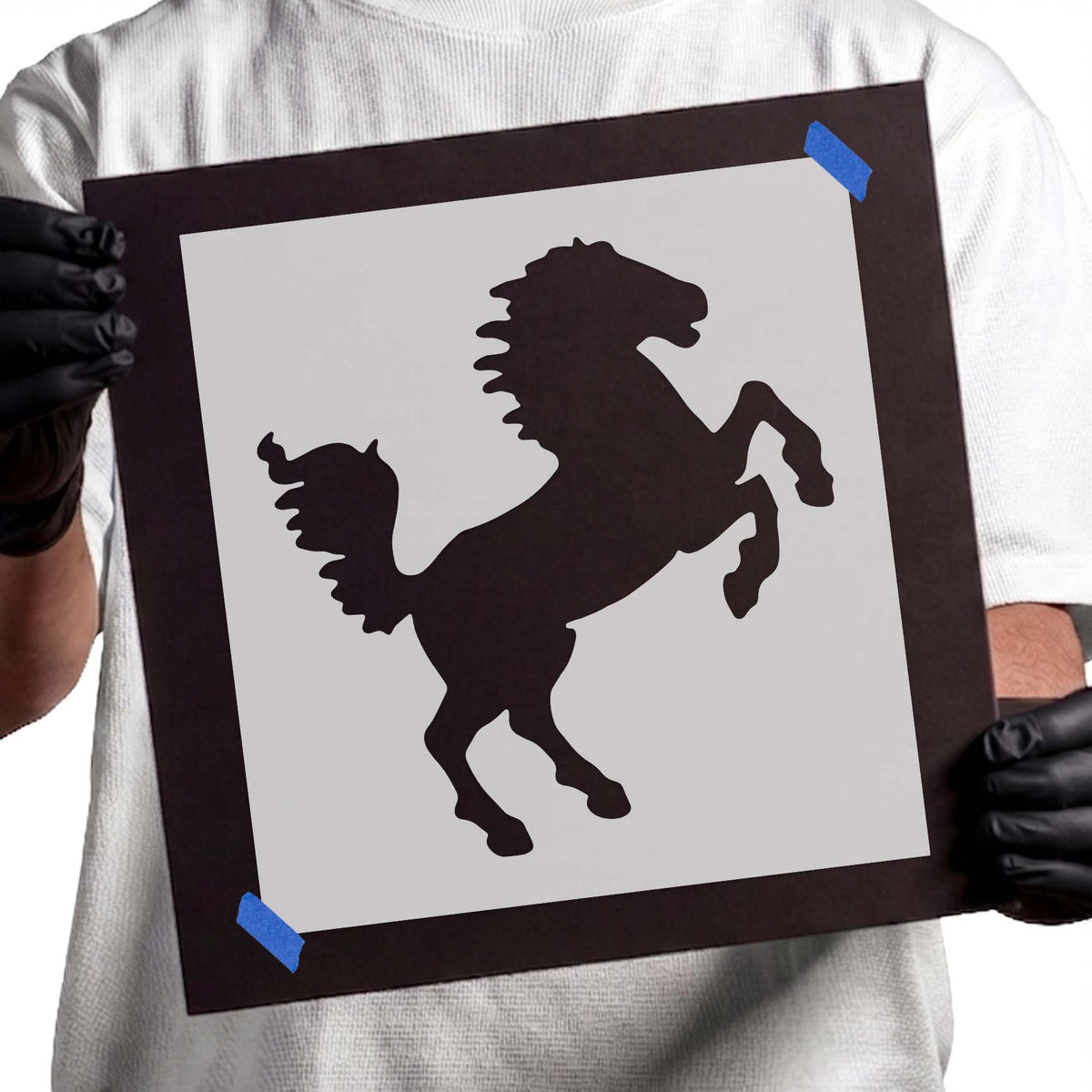 Rearing wild horse stencil with flowing mane and tail