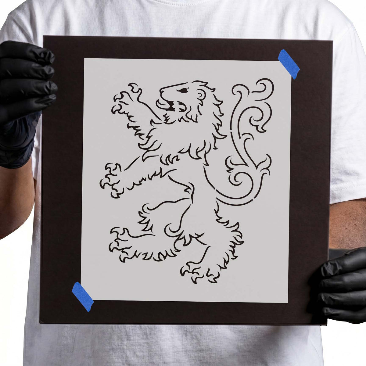 Heraldic lion stencil with raised paws and ornate curling tail
