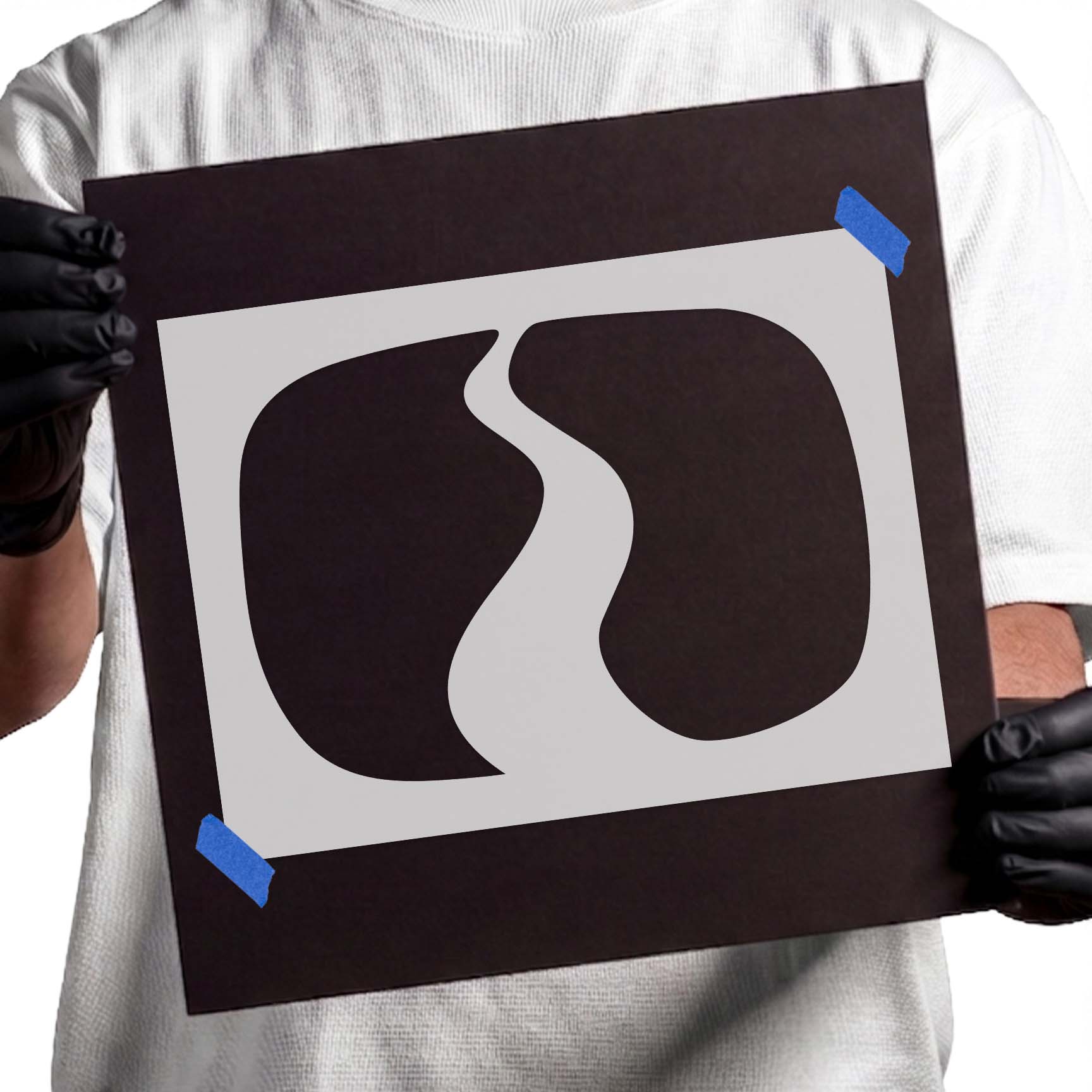 Winding river stencil with flowing waterway between two landforms
