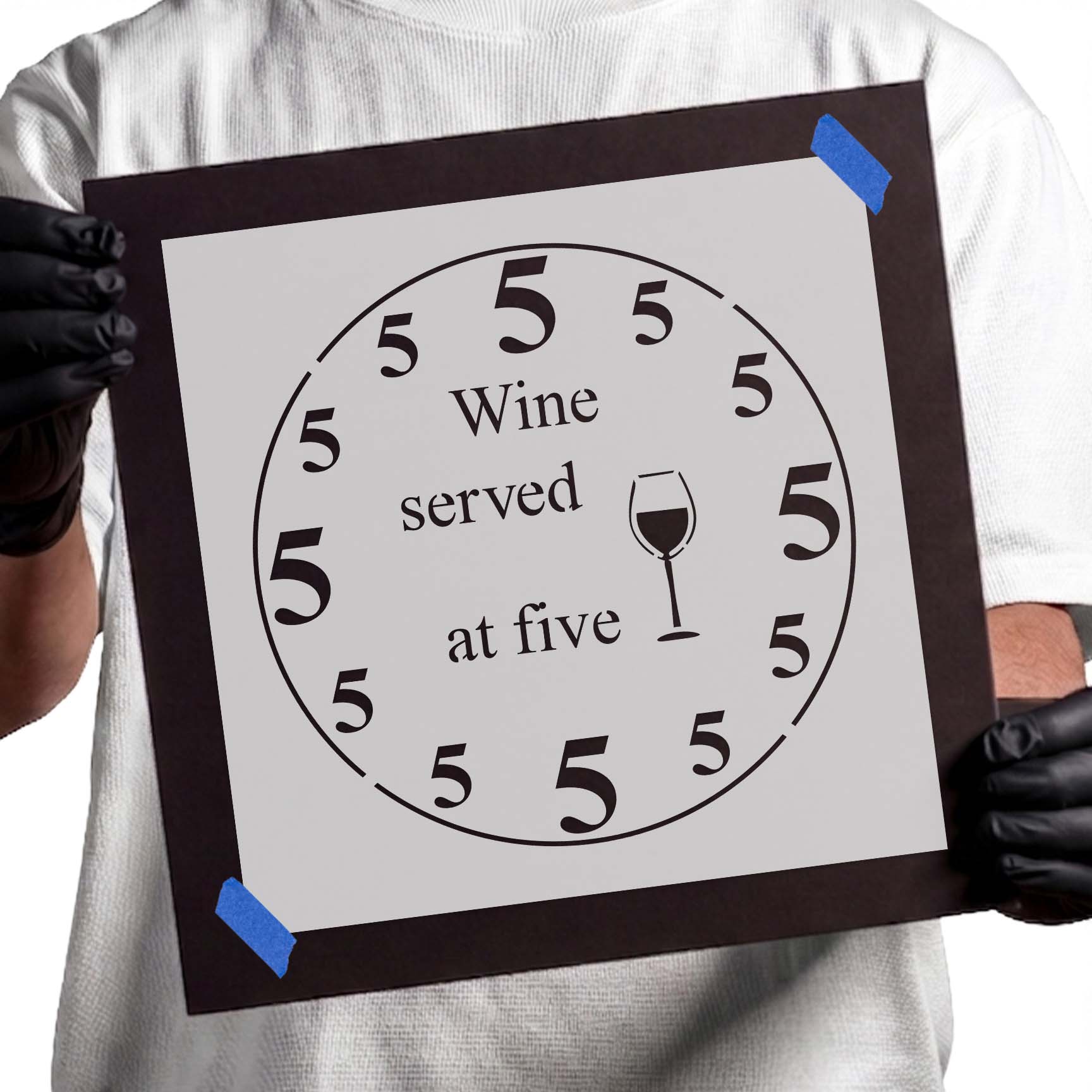 Wine quote stencil with glass and repeating number five design