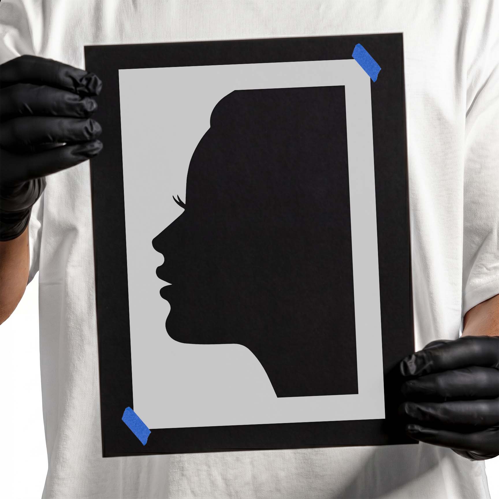 Woman profile stencil with eyelashes, lips, and flowing silhouette