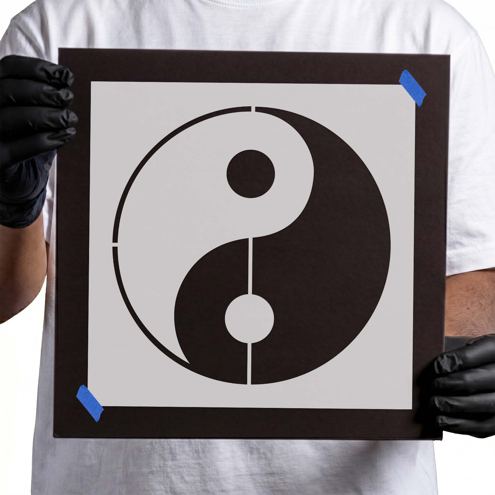 Yin and yang stencil with curved halves and contrasting dots