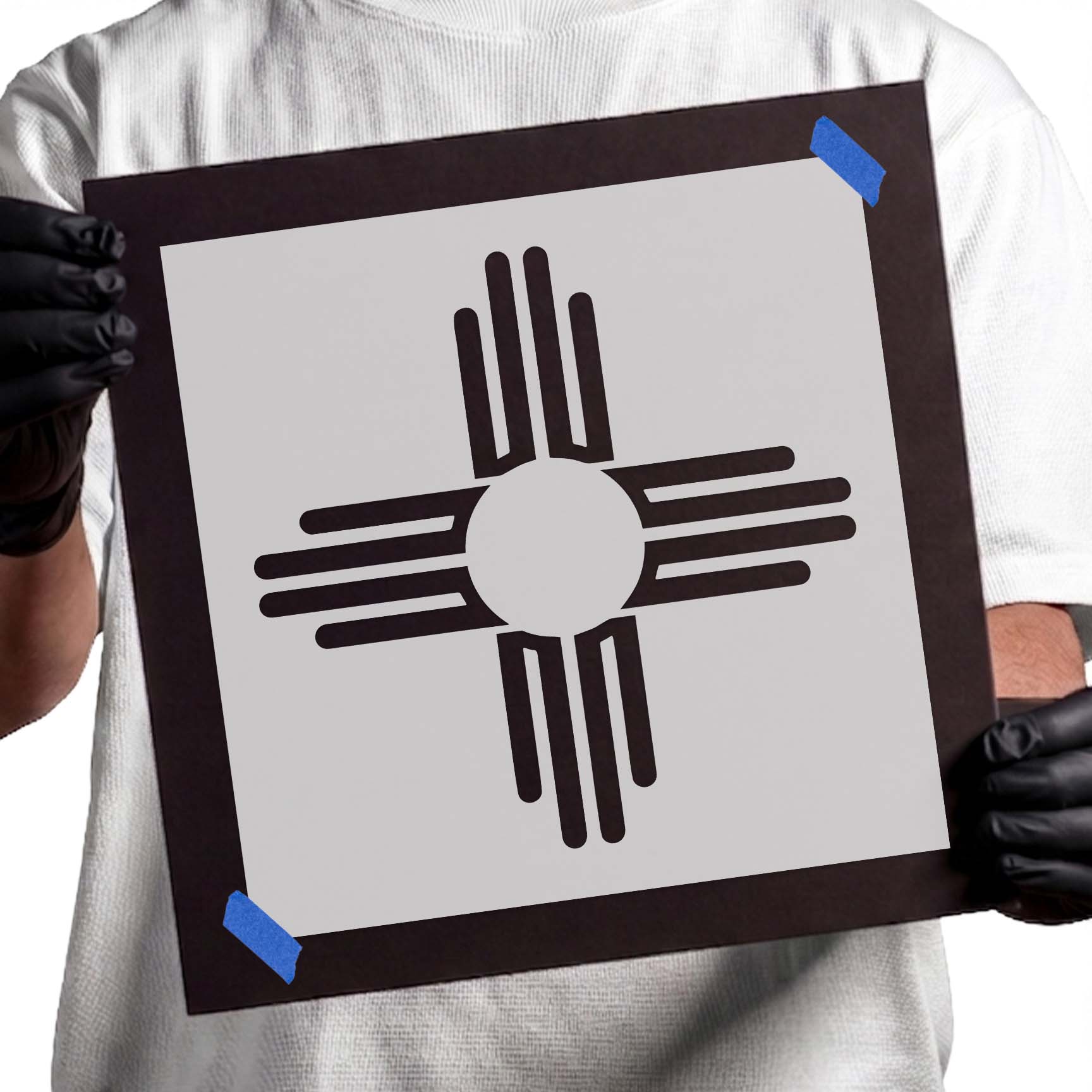 Zia sun New Mexico flag stencil with four geometric ray groups